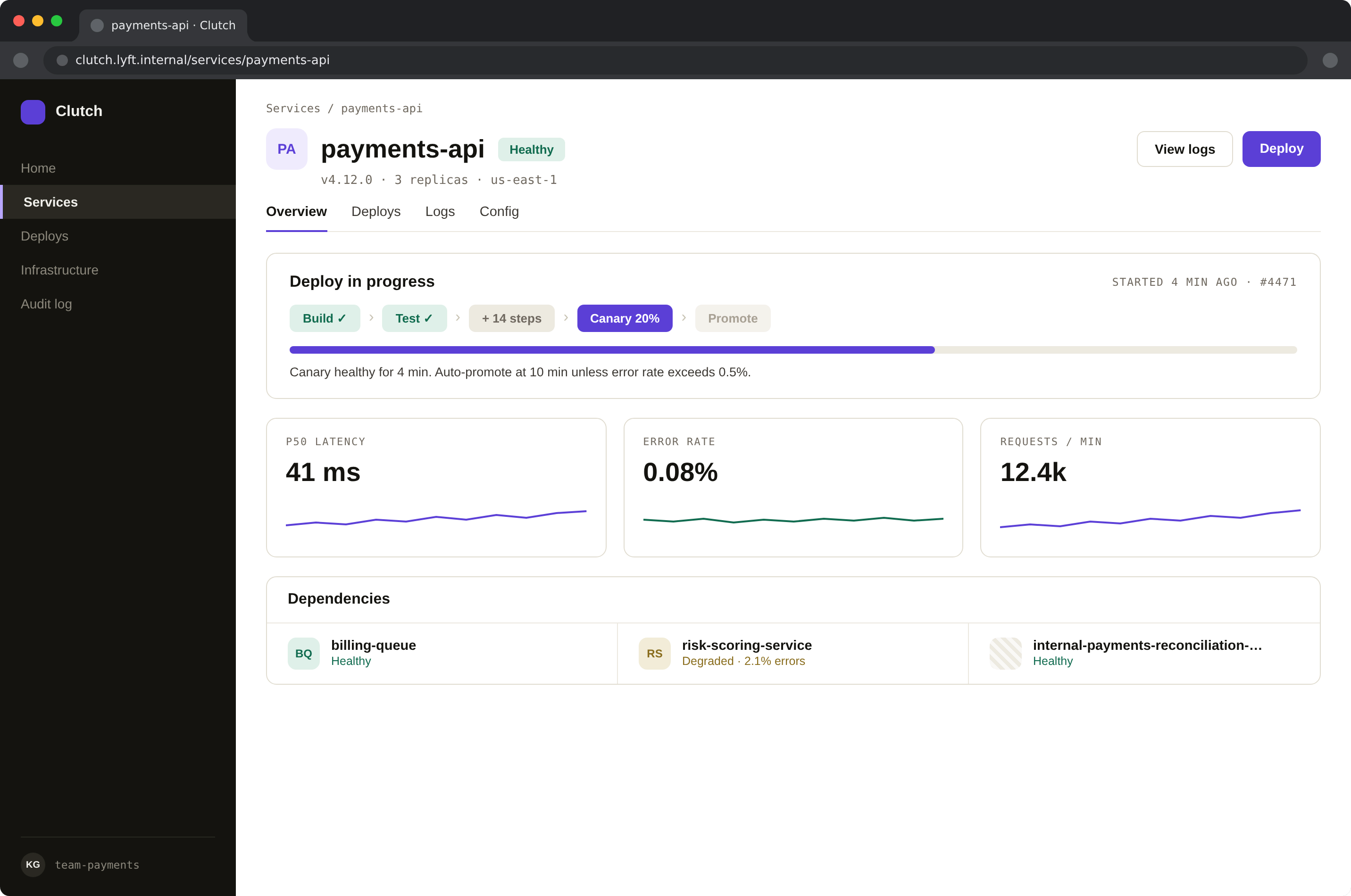 The system applied, a service detail screen with a collapsed deploy pipeline, canary progress, metric sparklines and a dependencies row