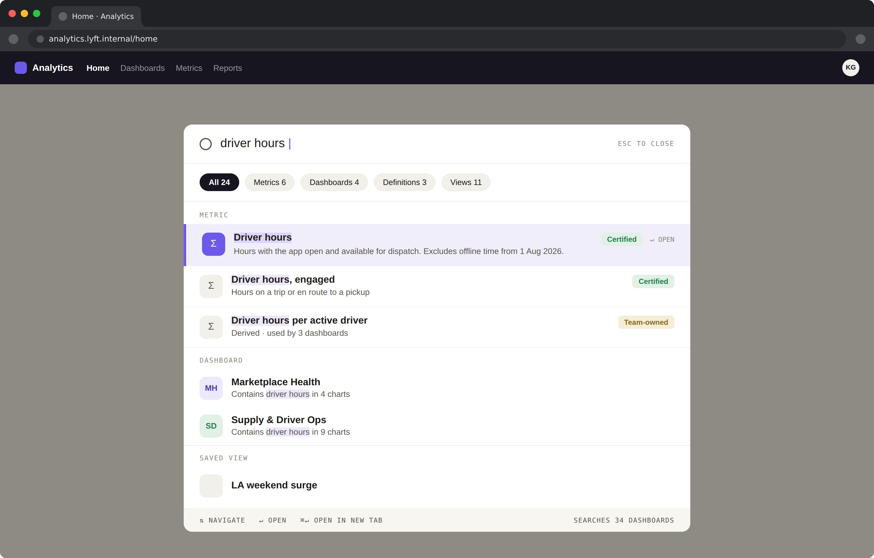 Global command-K search, results grouped with metrics first, each carrying its definition and certification badge inline, with type filter pills and keyboard hints