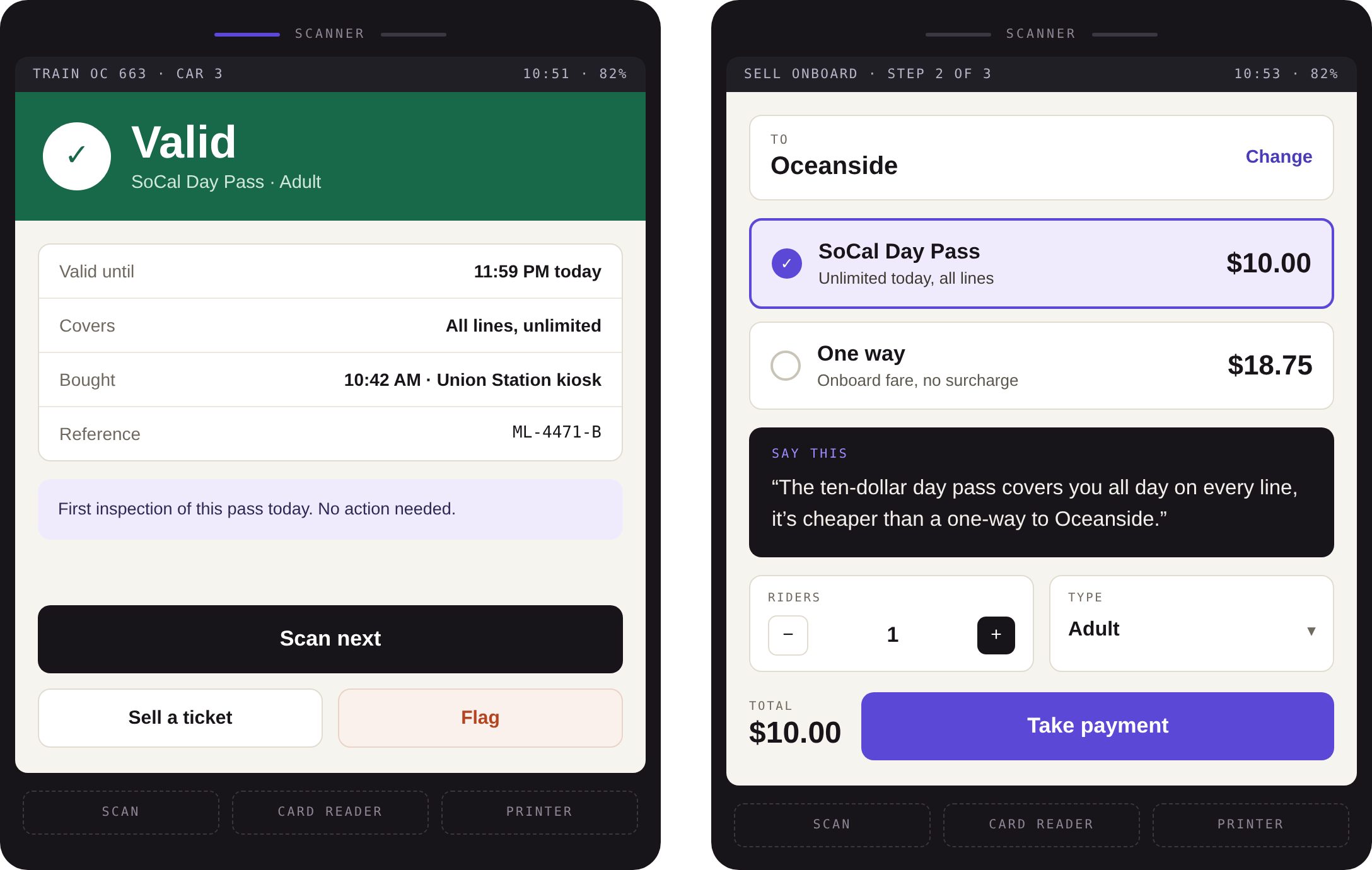 The conductor handheld, a validate screen with a green verdict band and inspection note, and a sell-onboard screen carrying a SAY THIS card: one generated sentence the conductor can read aloud to explain the fare