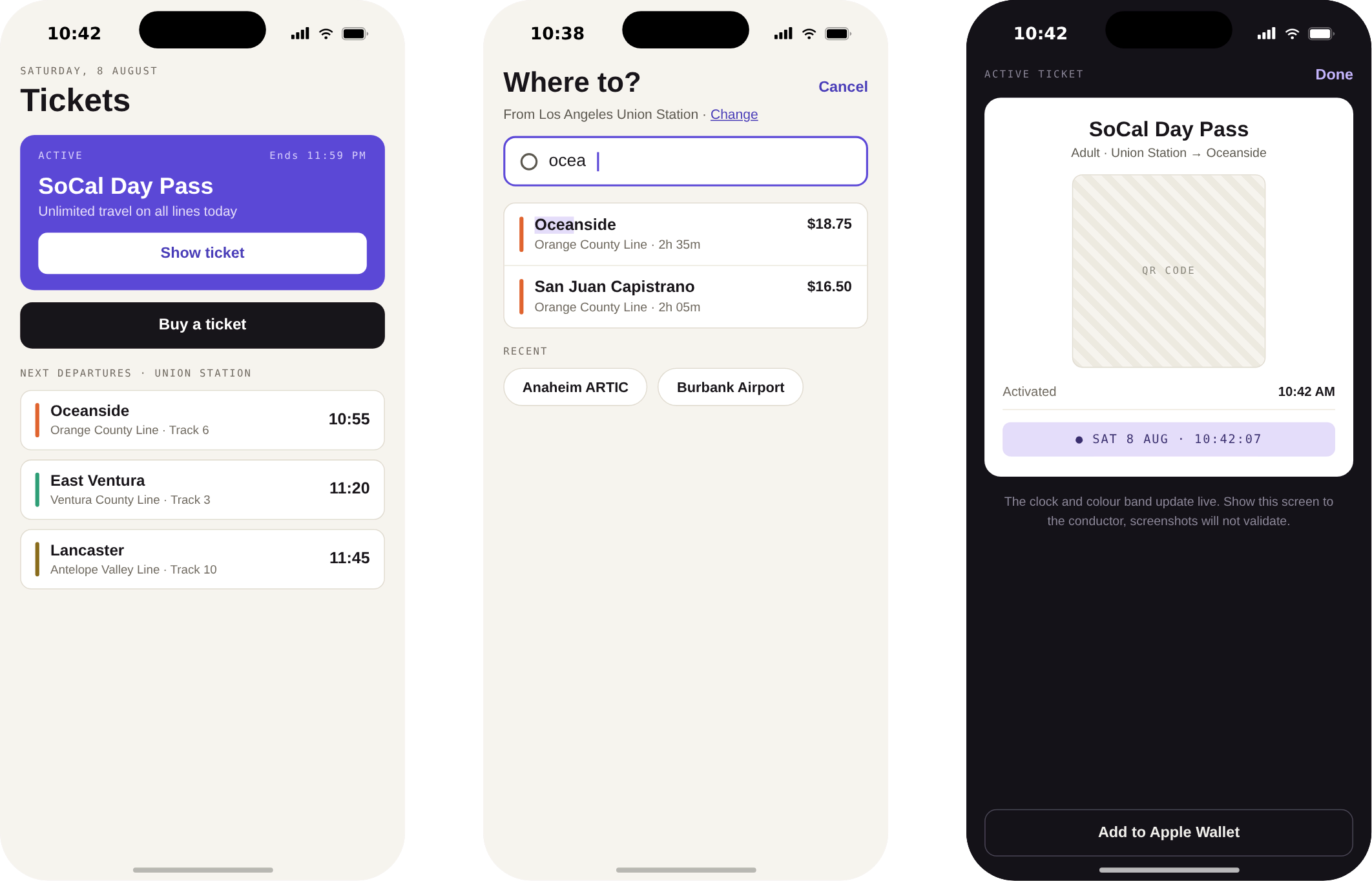 Three mobile screens, the ticket wallet with an active day pass, destination search with matched text highlighted, and the live ticket with a clock band that updates every second