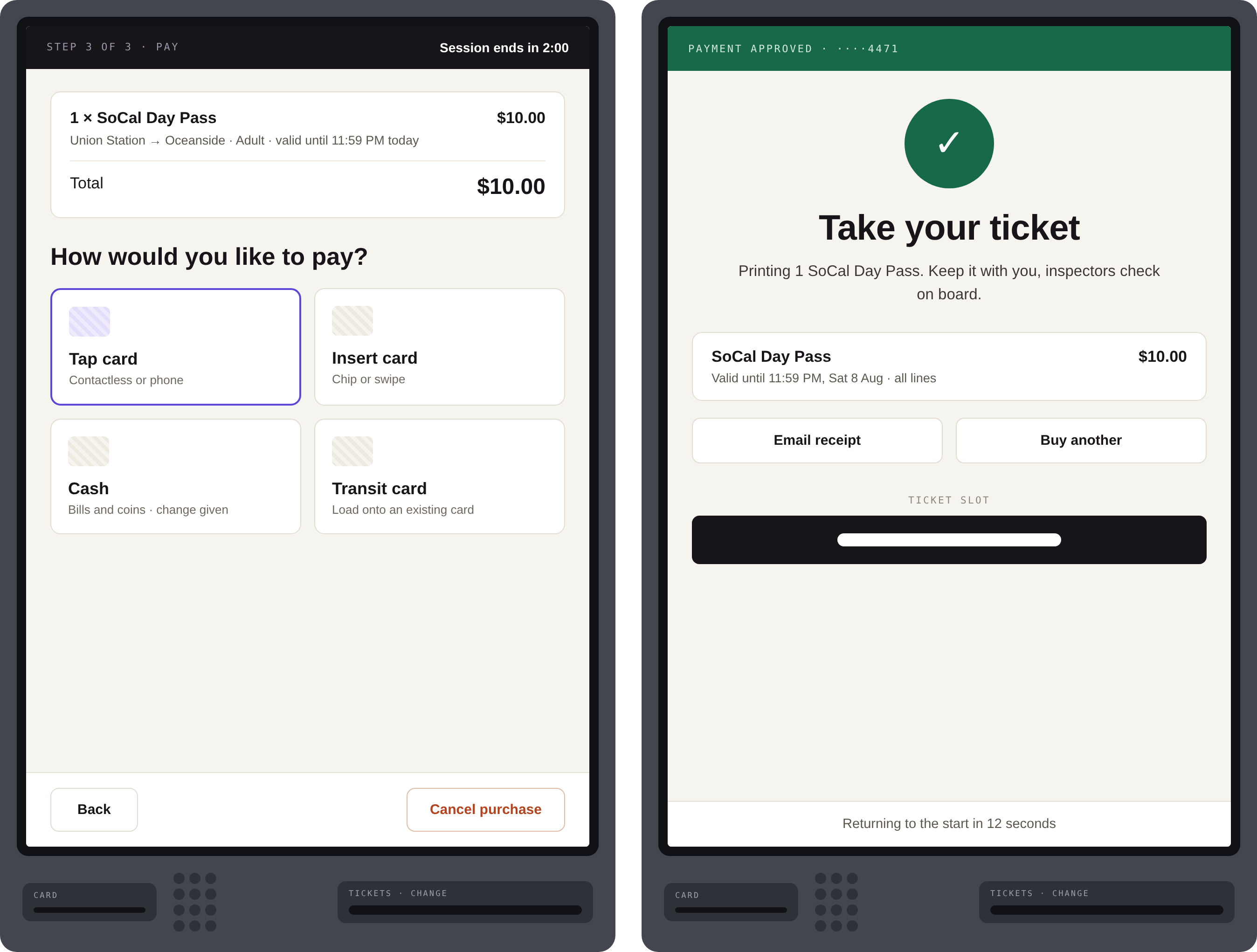 The pay and collect screens, payment tiles with a session countdown, then a green approved header, take-your-ticket instruction, a ticket-slot graphic pointing at the physical slot, and returning-to-start stated in words