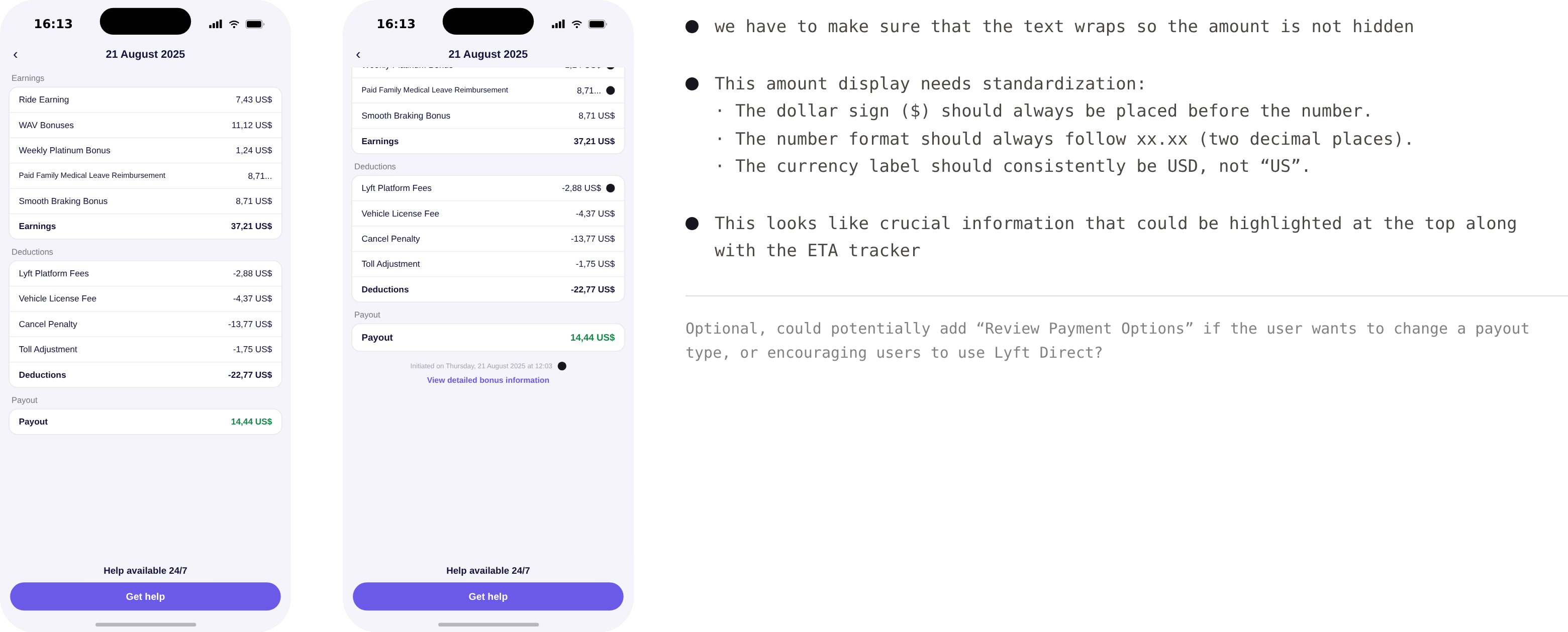 Design audit, annotated payout screens: wrap long labels so amounts are never hidden, dollar sign before the number, two decimal places, USD not US