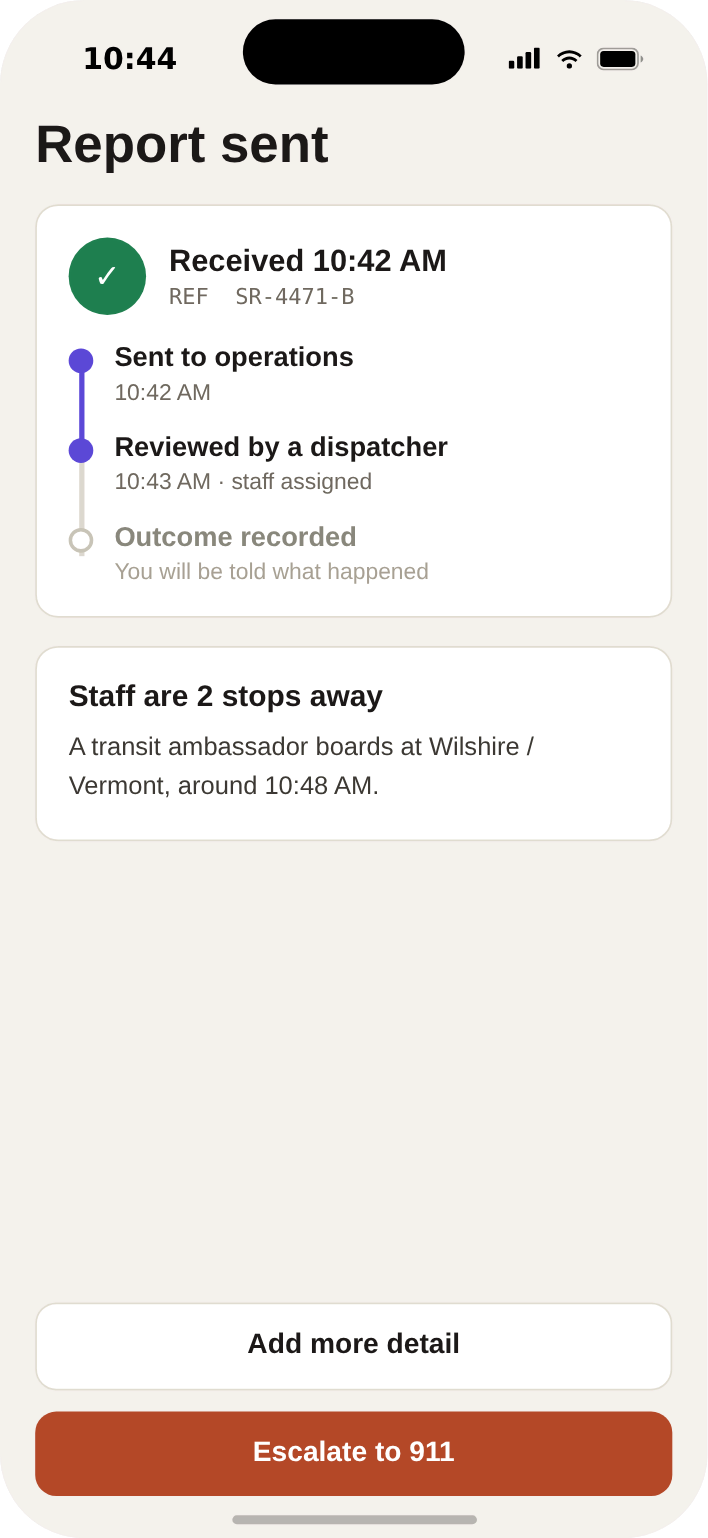 The report-sent receipt, a reference number, a three-step status timeline, and staff two stops away